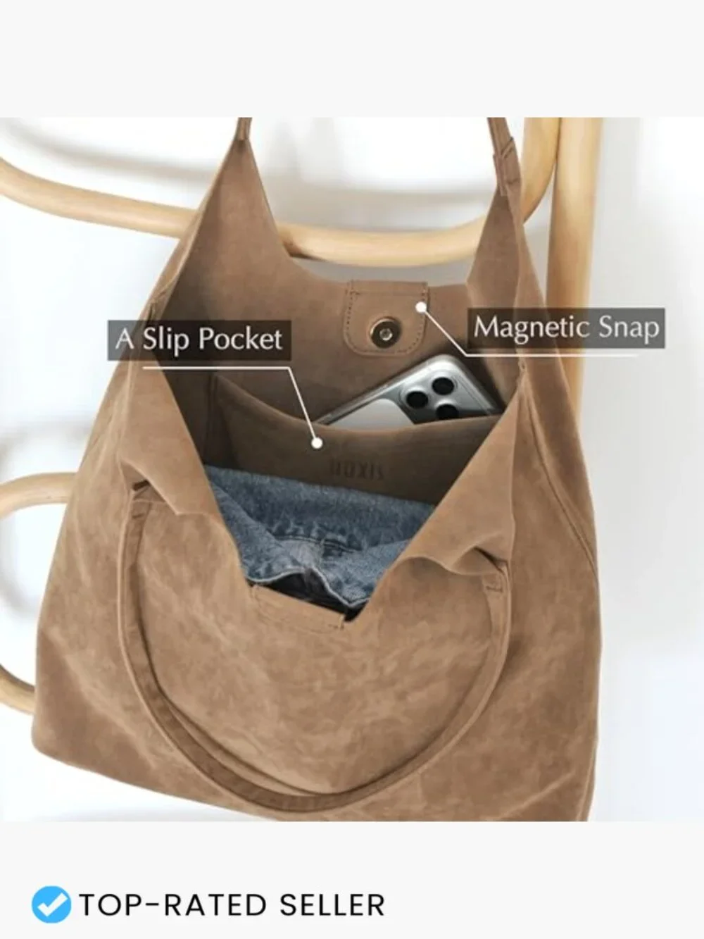 Faux Suede Tote Bag Slouchy Hobo Shoulder Handbag Casual Minimal Chic Everyday